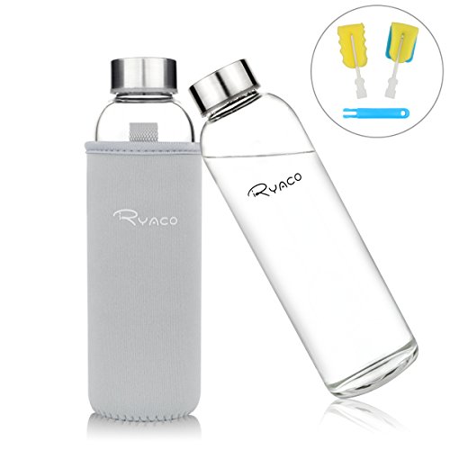 Ryaco Botella de Agua Cristal 550ml, Botella de Agua Reutilizable 18 oz, Sin BPA Antideslizante Protección Neopreno Llevar Manga y Cepillo de Esponja