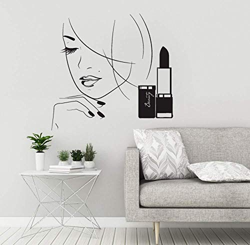 Salón de belleza Vinilo Tatuajes de pared Hermosa mujer Spa Maquillaje Cosméticos Lápiz labial Pegatinas de pared Mural para niñas Habitaciones Dormitorio 59 * 57 cm