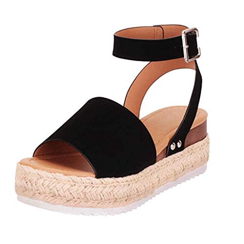 Sandalias Mujer Verano 2019 cáñamo Fondo Grueso Sandalias Punta Abierta Cuero Fondo Plano Zapatos Bohemias Romanas Hebilla Zapatillas Gris 35-43 riou (35, Negro)