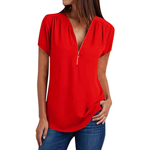 SEEGOU Camiseta Informal de Verano para Mujer, Cuello en V, Cremallera, Suelta, Camiseta, Blusa de té, Parte Superior (S – 5XL) Rojo 40 EU