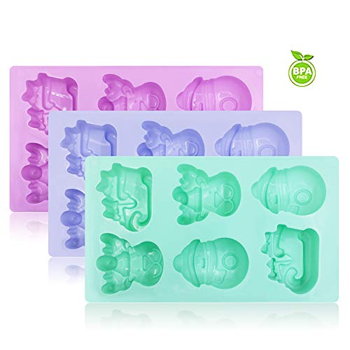 SENHAI 3 unidades de moldes de silicona para Navidad, bandejas de jabón para chocolate, moldes para hornear tartas, con forma de muñeco de nieve, de reno, 6 cavidades – morado, azul, verde