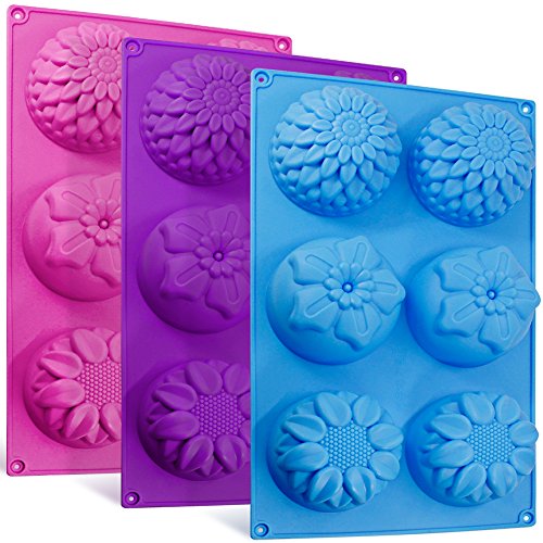 Senhai 6-cavidad de Silicona Flor Forma Bollo moldes, 3 Paquetes de Pasta de azúcar Fondante Forma de Bandeja de Cubitos de Hielo para la Torta casera Chocolate Cupcake - Purple Blue Pink