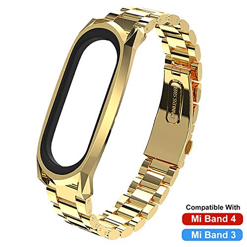 SenMore Compatible Correa Mi Band 3/4 Correas Metal, Pulsera de Acero Inoxidable Agradable para Mi Band 3 Correa and Mi Band 4 Correa (No Host)(GT-Dorado)