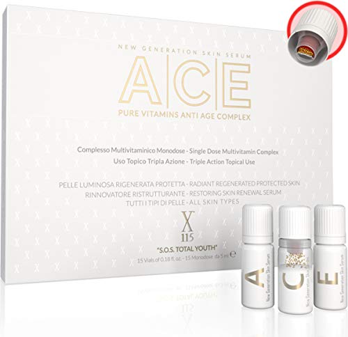 SERUM FACIAL | X115® ACE | Vitaminas Puras | Serum VITAMINA C + Serum RETINOL - Vitamina A + Serum VITAMINA E | Antiarrugas, Antimanchas, Illuminante | 5+5+5 Viales