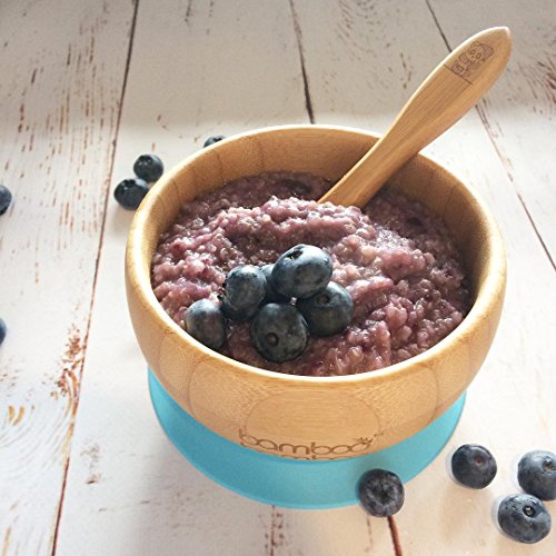 Set de Bowl adherente y cuchara para bebé en combinación, Bowl que no se despega de la mesa al comer, Bambú natural (Azul)