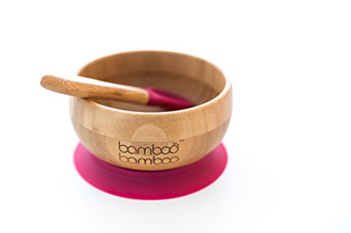 Set de Bowl adherente y cuchara para bebé en combinación, Bowl que no se despega de la mesa al comer, Bambú natural (Cereza)