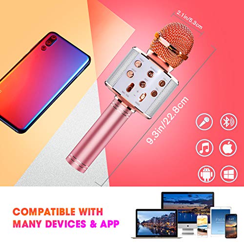 ShinePick Micrófono Karaoke Bluetooth, 4 en1 Microfono Inalámbrico Karaoke Portátil con Luces LED para Niños Canta Partido Musica, Compatible con Android/iOS PC, AUX o Teléfono Inteligente (Oro rosa)