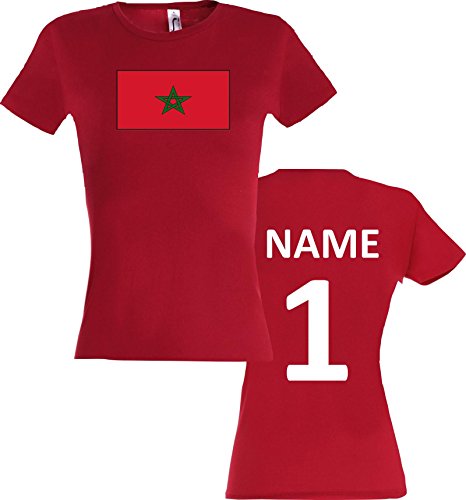 Shirtinstyle Camiseta de Mujer Marruecos Morocco Camiseta de País con el Nombre Deseado y Número - Rojo, XS