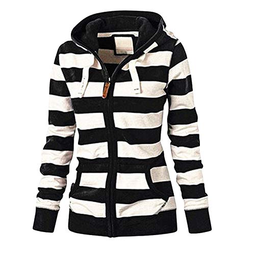 SHOBDW Mujeres Cremallera Camisetas de Manga Larga Sudadera con Capucha a Rayas Abrigos de Invierno Chaqueta de Mujer Casual Jerséis Delgados Outwear (Negro,M)