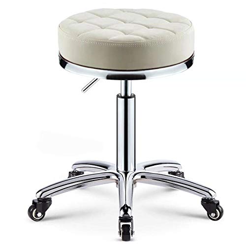 Sillon Peluqueria Profesional con Rueditas，Taburete Para Estetica con Blanco PU Cuero Sintético Asiento，Altura Regulable 45-55 cm，160kg de Capacidad de Carga，Silla Tattoo para La Tienda De Salon Mass