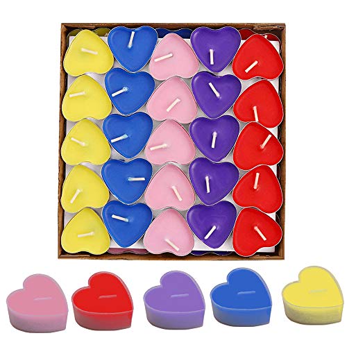 SIMUER 50 Pack Velas Smokeless Decor,Vela en Forma de Amor para Bodas, Cumpleaños, Fiesta, Halloween, Navidad, Festival (Rojo Rosa Amarillo Púrpura Azul)