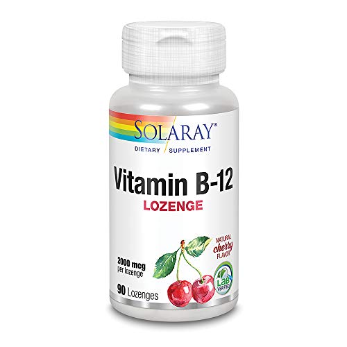 SOLARAY Vitamina B-12 2000mcg | Sabor a cereza natural sin azúcar | Energía saludable y soporte de glóbulos rojos | Sin Gluten | Apto Para Veganos | 90 Lozenges