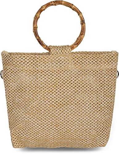 styleBREAKER Bolso de asa de Mujer con asa de bambú en óptica de Ganchillo Semitransparente, Bolso de Mano, Bolso, Mujer 02012286, Color:Marrón Claro