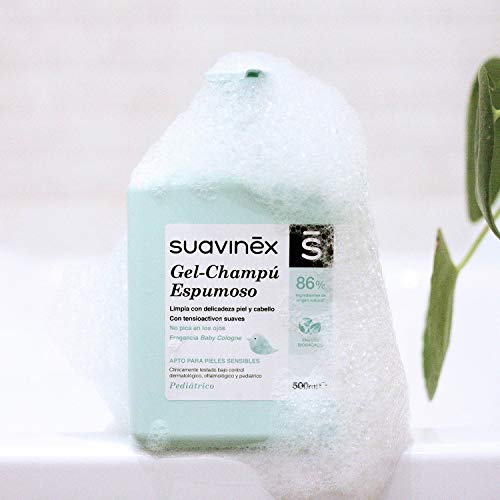 Suavinex – Gel-champú espumoso para bebés. No Pica en los Ojos. Textura Espumosa y Fragancia Baby cologne. 86% Ingredientes de Origen Natural. Gel-champú para piel y cabello, 500ml