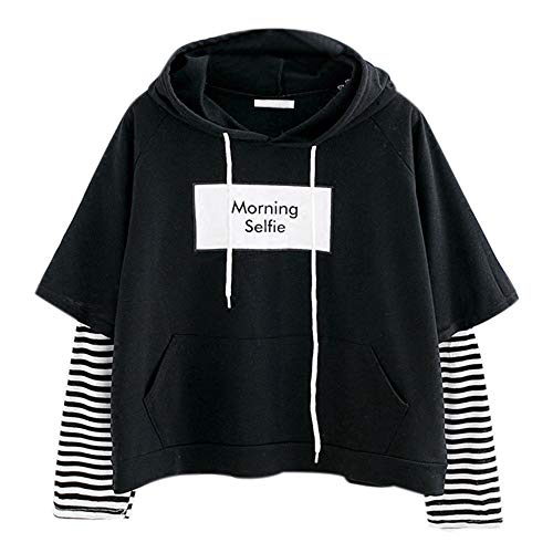 Sudadera con Capucha Cortas para Mujer Sudadera Adolescentes Chicas Patchwork Estampado Raya Blusa Tops Camiseta de Manga Larga Hoodie Pullover Otoño e Invierno riou