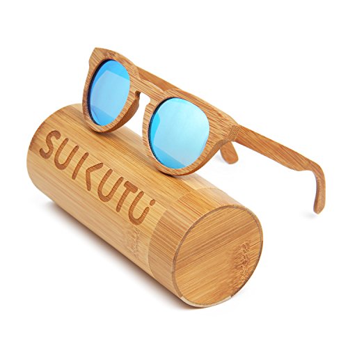 SUKUTU Hombres Mujeres Gafas De Sol De Bambú Hechas A Mano Gafas de Madera Polarizadas Moda Retro Al Aire Libre con Caja de Bambú SU039