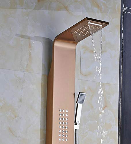 SXMXN Panel De Ducha con Cascada Y Ducha De Lluvia Panel De Ducha De Baño Cascada De Oro Columna De Ducha De Lluvia Faucet Superficie Cepillada Sistema De Ducha Mezclador Caño para Bañera,Gold