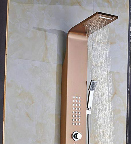 SXMXN Panel De Ducha con Cascada Y Ducha De Lluvia Panel De Ducha De Baño Cascada De Oro Columna De Ducha De Lluvia Faucet Superficie Cepillada Sistema De Ducha Mezclador Caño para Bañera,Gold