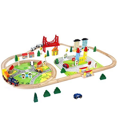 Symiu Juego de Pista de Madera 82 PCS con Coches y Trenes Bloques de Construcción Juguete Regalo para Niños Niñas 3 4 5 6 Años