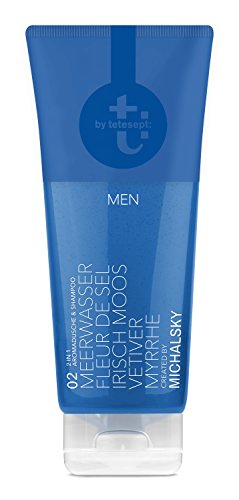 T: by tetesept – T: by Michalsky 02 Blue Men – Gel de ducha y champú 2 en 1 – Perfume con agua de mar, Fleur de Sel, musgo irlandés, vetiver y mirra – 3 x 200 ml