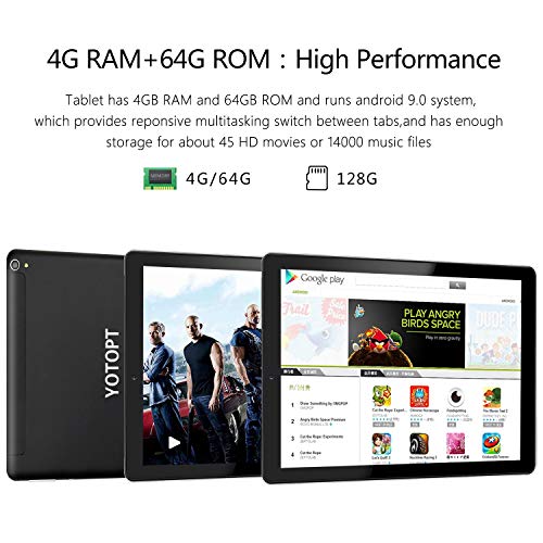 Tablet 10 Pulgadas YOTOPT, 4GB de RAM y 64 GB de Memoria, Android 9.0 Dobles SIM y TF, GPS WiFi Soporte (Negro