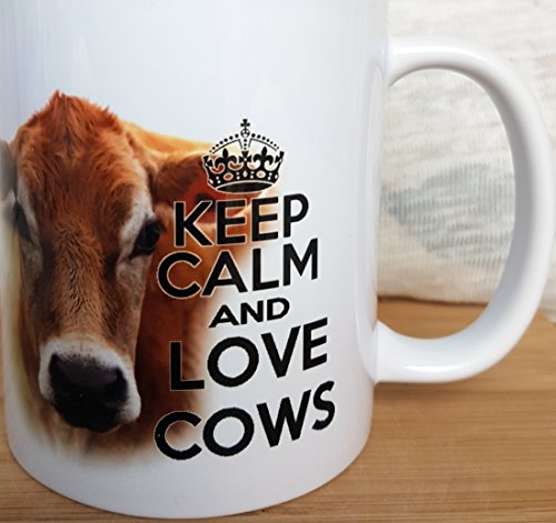 Taza con diseño de vaca con texto "Keep Calm and Love Cows".