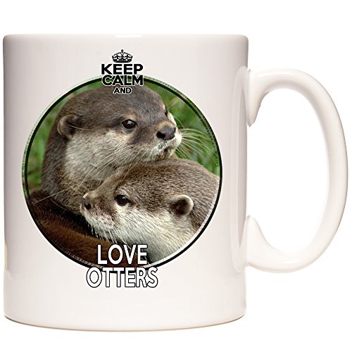 Taza de nutria, con texto en inglés "Keep Calm and Love Otters". Exclusivo de KazMugz. Taza de regalo de cerámica. Excelente regalo de cumpleaños. Posavasos y llavero a juego disponibles.