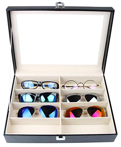 Tebery - Caja para Gafas con Ventana de Cristal para 8 Pares de Gafas, de Piel sintética, Color Negro, 33,7 x 24,5 x 8,4 cm (8 Compartimentos)