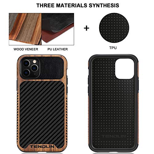 TENDLIN Funda iPhone 11 Pro Madera con Carbono y Cuero Híbrido Carcasa Compatible con iPhone 11 Pro (Negro)