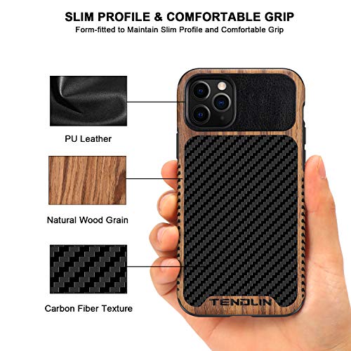 TENDLIN Funda iPhone 11 Pro Madera con Carbono y Cuero Híbrido Carcasa Compatible con iPhone 11 Pro (Negro)