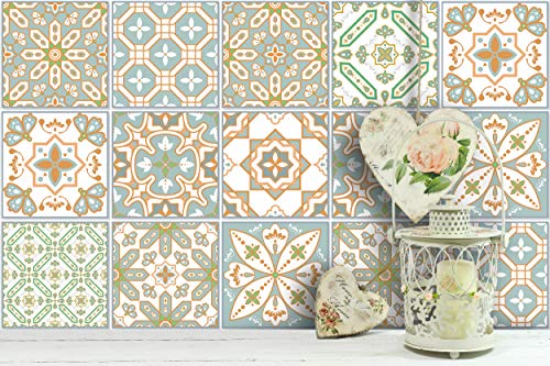 The Nisha 24 PC pegatinas para pared Adhesivo de Pared Salpicadero de Vinilos Azulejos Adhesivos Arte Ecléctico para la Cocina & Baño, 10x10 cm, Fution oriental