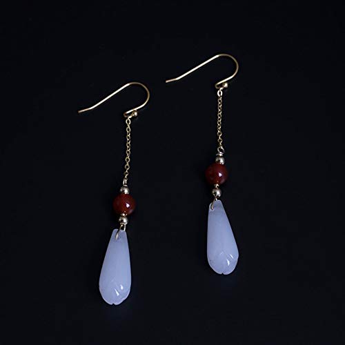 THTHT Vintage Aretes De Plata para Mujeres S925 Natural Ágata Roja Ganchos De Oreja Magnolia Blanca Sencillo Y Elegante Temperamento Estético De Gama Alta De Estilo Chino Clásico Sección Larga