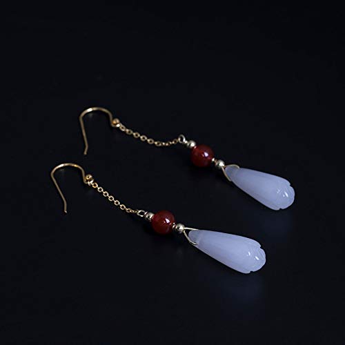 THTHT Vintage Aretes De Plata para Mujeres S925 Natural Ágata Roja Ganchos De Oreja Magnolia Blanca Sencillo Y Elegante Temperamento Estético De Gama Alta De Estilo Chino Clásico Sección Larga