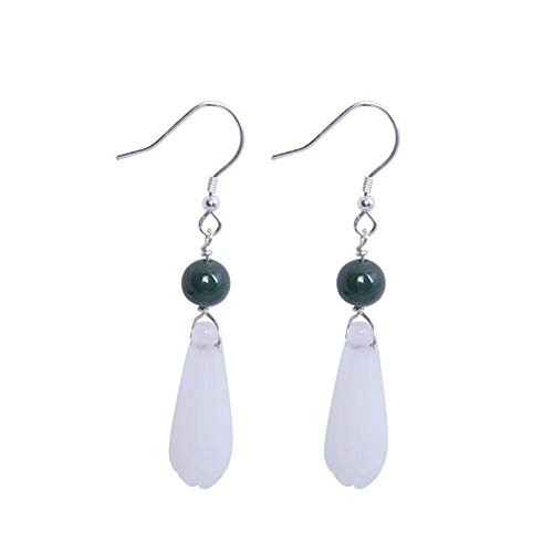 THTHT Vintage Aretes De Plata para Mujeres S925 Natural Jade Ganchos De Oreja Magnolia Sencillo Y Elegante Temperamento Estético De Gama Alta De Estilo Chino Clásico Sección Larga