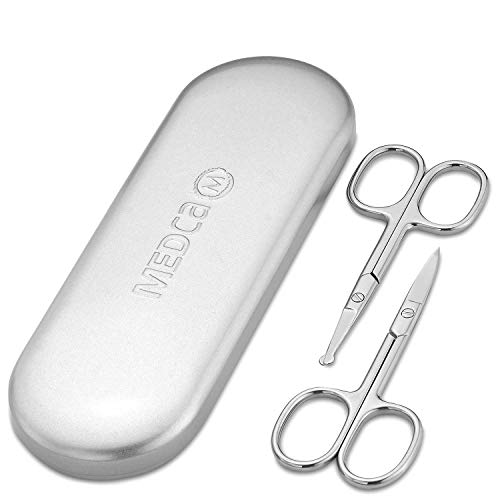 Tijeras de aseo de acero inoxidable: tijeras de cejas, barba y bigote, kit recortador de vello facial de punta pequeña, curva y redondeada, cortadora de cabello de nariz para hombre y estuche de viaje