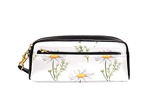 TIZORAX Daisy Camomile Flores Hojas y Brotes Estuche de Cuero PU Estudiantes Estacionarios Bolsa de Maquillaje Bolsa de Cosméticos