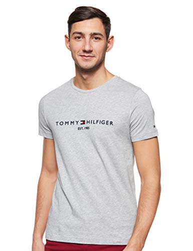 Tommy Hilfiger Logo T-Shirt Camiseta Informal, Gris (Cloud Htr 501), Medium para Hombre