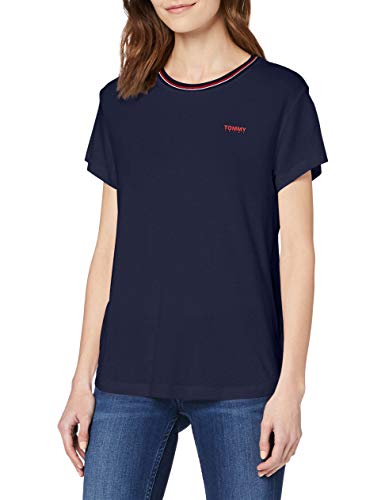 Tommy Hilfiger Tjw Rib Neck tee Ropa Deportiva de Punto, Azul (Twilight Navy C), 40 (Talla del Fabricante: Large) para Mujer