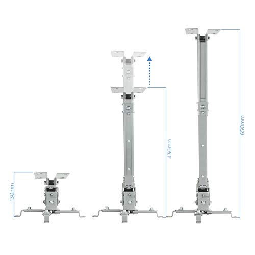 Tooq PJ2012T-S - Soporte de techo inclinable para proyector, hasta 20 Kg, ajustable entre 130mm y 650mm, inclinacion +/- 15º, color plata