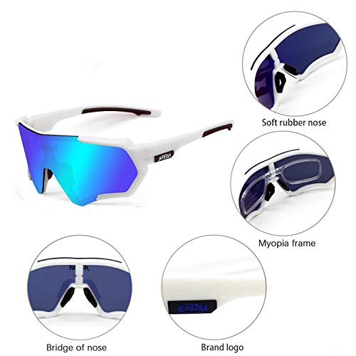 TOPTETN Gafas de Sol Deportivas polarizadas Protección UV400 Gafas de Ciclismo con 3 Lentes Intercambiables para Ciclismo, béisbol, Pesca, esquí, Funcionamiento (Blanco azul)