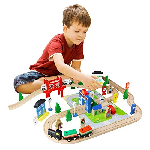 Tren de Juguete de Madera Ferrocarril de Madera Pista de Coches para Niños 3+ Años (80 PCS)