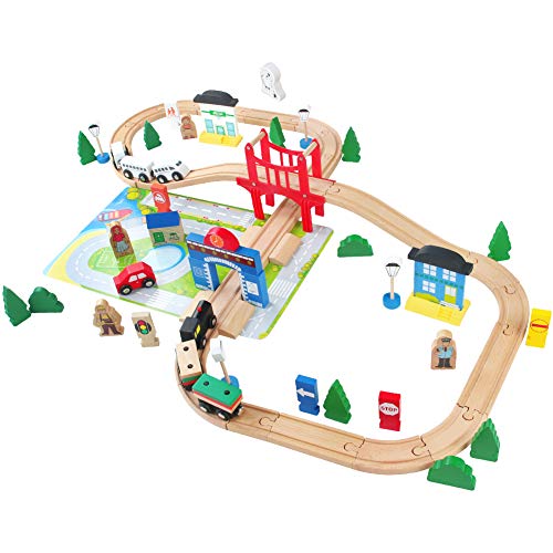 Tren de Juguete de Madera Ferrocarril de Madera Pista de Coches para Niños 3+ Años (80 PCS)