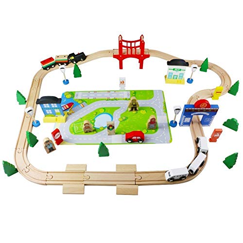 Tren de Juguete de Madera Ferrocarril de Madera Pista de Coches para Niños 3+ Años (80 PCS)