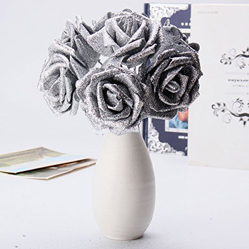 Tutoy 7Pcs Ramo Artificial Glitter Espuma Flores Artificiales Boda Nupcial Fiesta Decoración Bricolaje Rose-Silver