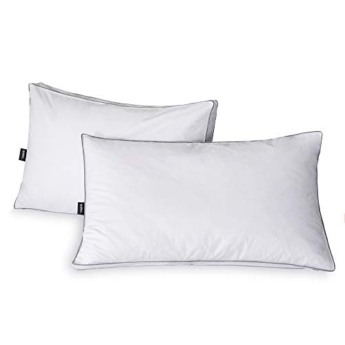 UMI. by Amazon – Almohadas de Plumón y Plumas de Ganso Blanco con Bordes Grises con Cubierta de 100% Algodón, Anti-ácaros, Blanco, 48 X 74 cm X 3.8cm, Pack de 2