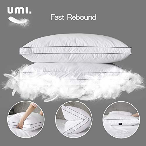 UMI. by Amazon – Almohadas de Plumón y Plumas de Ganso Blanco con Bordes Grises con Cubierta de 100% Algodón, Anti-ácaros, Blanco, 48 X 74 cm X 3.8cm, Pack de 2