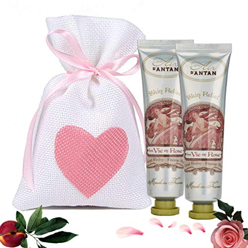 Un Air d’Antan Caja Regalo Mujer Crema Manos Hidratante Francesa DOUCE con Manteca de Karite y Aceite de Almendras, Perfume Melocotón, Rosa, Pachulí, 2x25ml,Navidad Regalo Mujer Originales, Cumpleaños