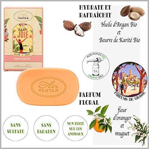 Un Air d’Antan Jabon Tradicional Perfumado Frances Joie Manteca de Karite Organico, Aceite de Argan Bio, Perfume Original Lirio de los Valles, Azahar y Rosa, Formula Hidratante – Idea Regalo - 100g