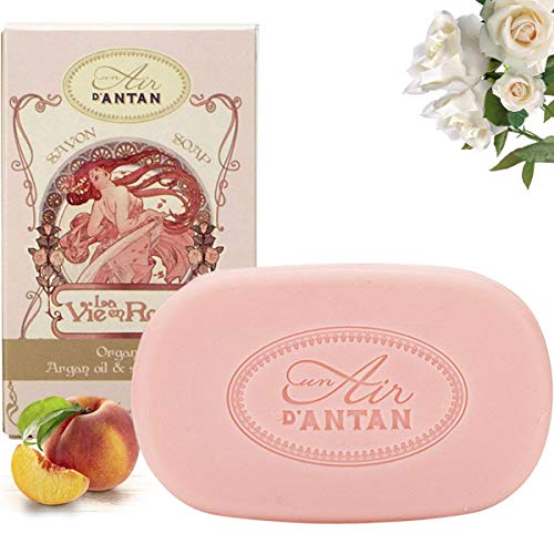 Un Air d’Antan® Jabon Tradicional Perfumado Frances Rose : Manteca de Karite Organico, Aceite de Argan Bio, Perfume Original Melocotón, Petalos de Rosa, Pachulí, Formula Hidratante, Idea Regalo - 100g