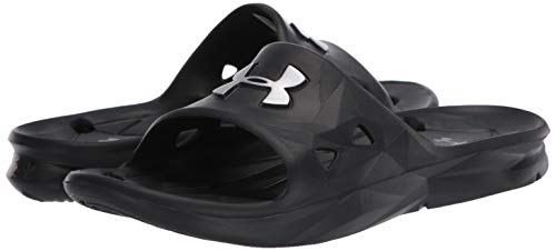 Under Armour Slides UA Locker III Chanclas de hombre, zapatos para playa de secado rápido, chanclas con correa ideales para el vestuario y la piscina, Black/Metallic Silver (001), 8